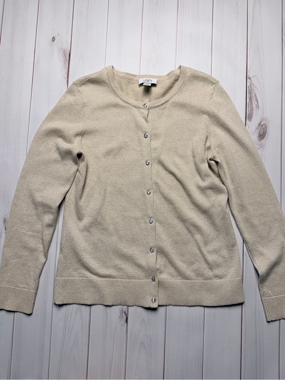 Ann Taylor Cream Button-Front Crewneck Cardigan